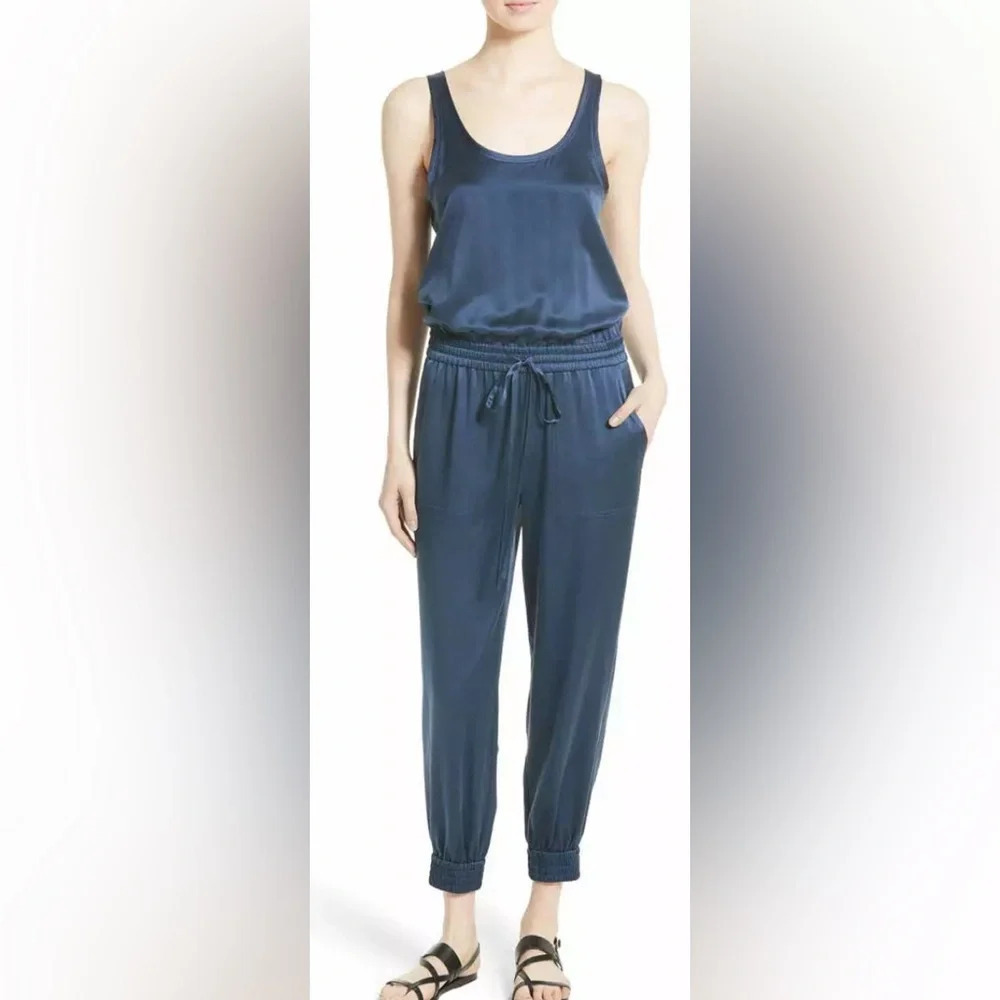 Theory Hekuba Silk Jumpsuit Dark Blue Size Medium